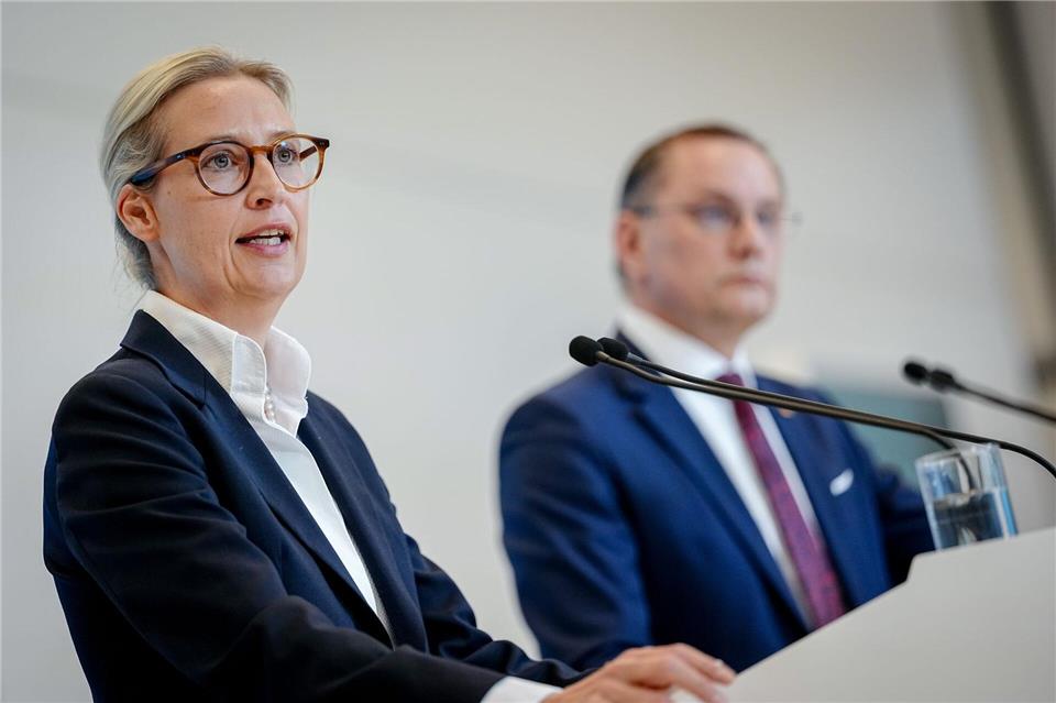 Alice Weidel und Tino Chrupalla stehen gemeinsam an der Spitze der AfD und sind auch Co-Vorsitzende der AfD-Bundestagsfraktion. (Archivfoto)Kay Nietfeld/dpa