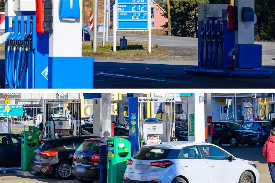 An der Tankstelle in Frankfurt (Oder) ist am Freitagvormittag nichts los - dagegen ist im benachbarten Slubice in Polen jede Zapfsäule besetzt. Patrick Pleul/dpa