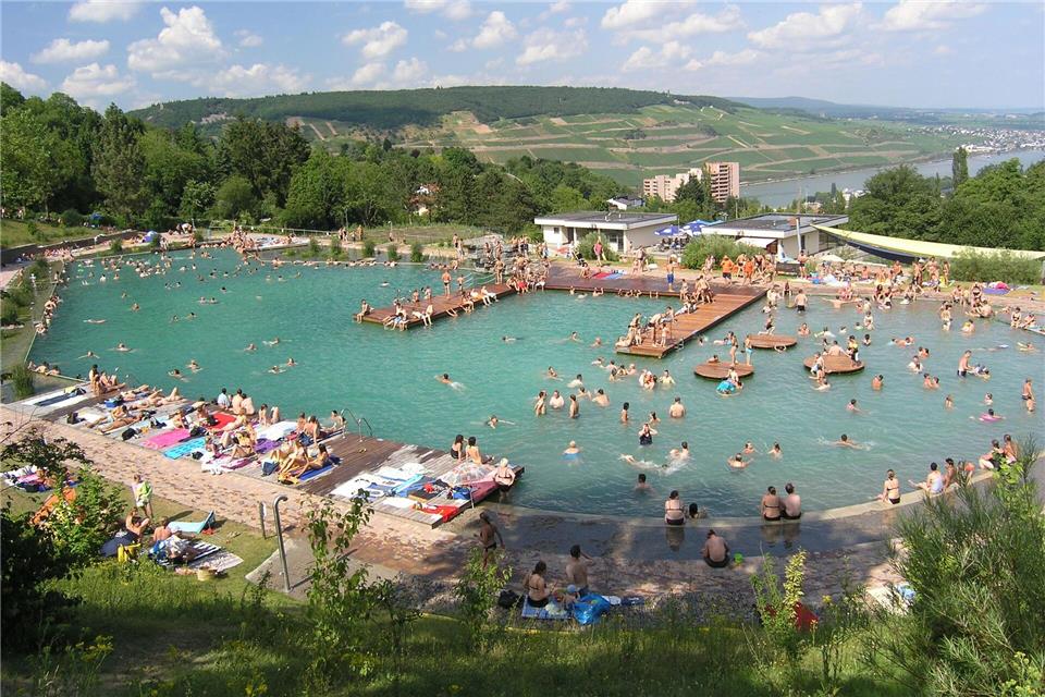 An heißen Tagen wird es schon mal voll im Naturerlebnisbad Bingen: Besucher genießen die Abkühlung und den Blick ins Rheintal.Federhenn.rheinwelle/Naturerlebnisbad/dpa-tmn