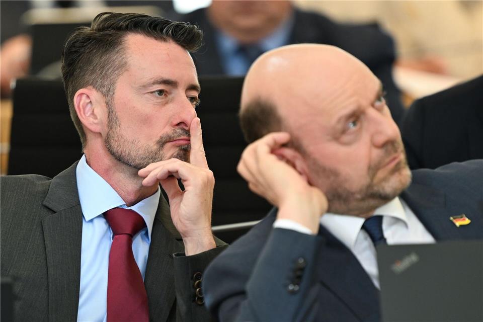 Andreas Lichert (l) und Robert Lambrou, beide AfD-Landessprecher in Hessen, nehmen Stellung zu einem parteiinternen Finanzstreit. (Archivbild)Arne Dedert/dpa