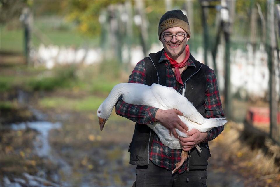 Angesichts der steigenden Fallzahlen von Vogelgrippe macht sich der 23-jährige Landwirt Nils Mann auch Sorgen um die eigenen Tiere.Boris Roessler/dpa