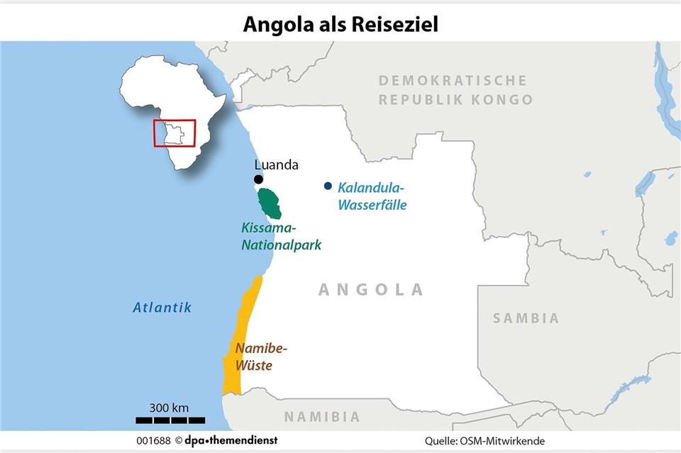 Angola ist dreieinhalb Mal größer als Deutschland, und trotz seiner Vielfalt noch kein Ziel von Touristenmassen.dpa-infografik/dpa-tmn