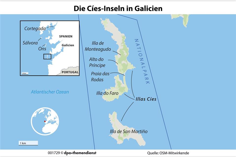 Archipel an der Küste Galiciens: Die Inselgruppe Illas Cíes besteht aus den drei unbewohnten Inseln Monteagudo, Do Faro und San Martiño und ist Teil des Nationalparks der Atlantischen Inseln.dpa-infografik/dpa-tmn