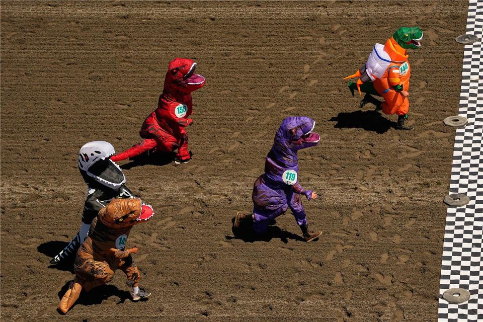 Auburn (USA): T‑Rex im Endspurt – Dino-Kostüme jagen in Emerald Downs zur ZiellinieLindsey Wasson/AP/dpa