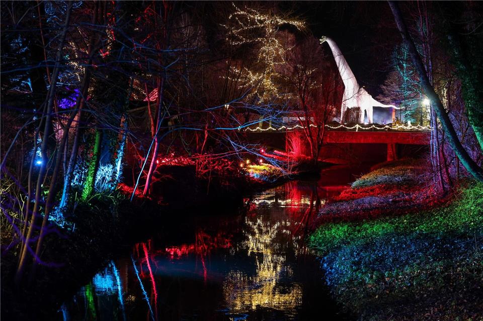 Auch der Argentinosaurus wird beleuchtet.Jan Woitas/dpa