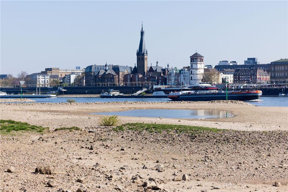 Auch in Düsseldorf ist das Niedrigwasser des Rheins nicht zu übersehen. (Archivbild)Rolf Vennenbernd/dpa