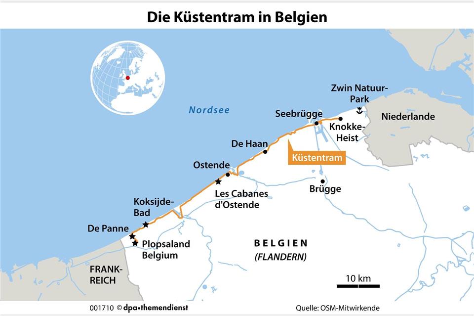 Auf 67 Kilometern verläuft die „Kusttram“, eine der längsten Straßenbahnlinien der Welt. Meer, Dünen und auch Belgiens Strand-Hochhäuser hat man unterwegs immer im Blick.dpa-infografik/dpa-tmn