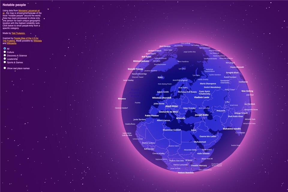 Auf den Spuren von Pablo Picasso, Mahatma Gandhi und Co: Um nach bekannten Persönlichkeiten und ihren Geburtsorten Ausschau halten zu können, lässt sich der Erdball beliebig rotieren und zoomen.Notable-People/Mapbox/OpenStreetMap/dpa-tmn