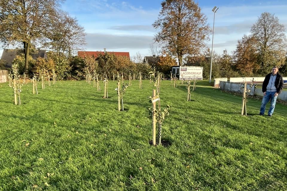 Auf der Fläche am Sportplatz könnten noch weitere Bäume gepflanzt werden. Schatzmeister Frank Pierags zeigt das bislang Erreichte.