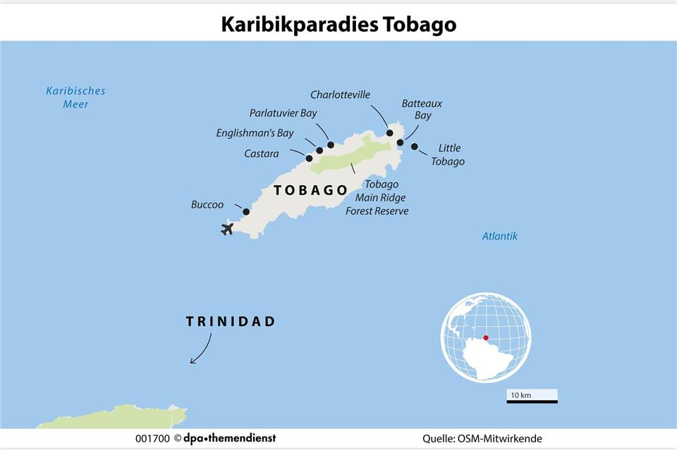Auf der tropischen Antilleninsel Tobago sind Slow-Travel und Naturabenteuer statt All-inclusive angesagt. Das bekommt man besonders anschaulich im Nordosten vorgeführt. Es ist der grüne und ursprünglichste Teil der Insel. dpa-infografik/dpa-tmn