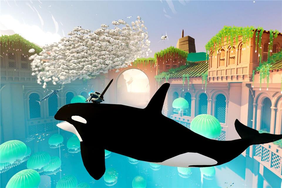 „Sword of the Sea“: Mit dem Surfschwert durch die Wüste Auf einem Orca durch die Lüfte reiten? In der Welt von „Sword of the Sea“ ganz normal.Giant Squid Studios/dpa-tmn
