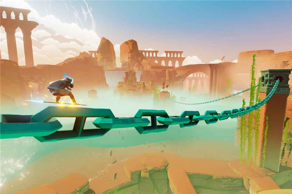 „Sword of the Sea“: Mit dem Surfschwert durch die Wüste Auf einem Schwert surfen wir durch traumähnliche Landschaften.Giant Squid Studios/dpa-tmn