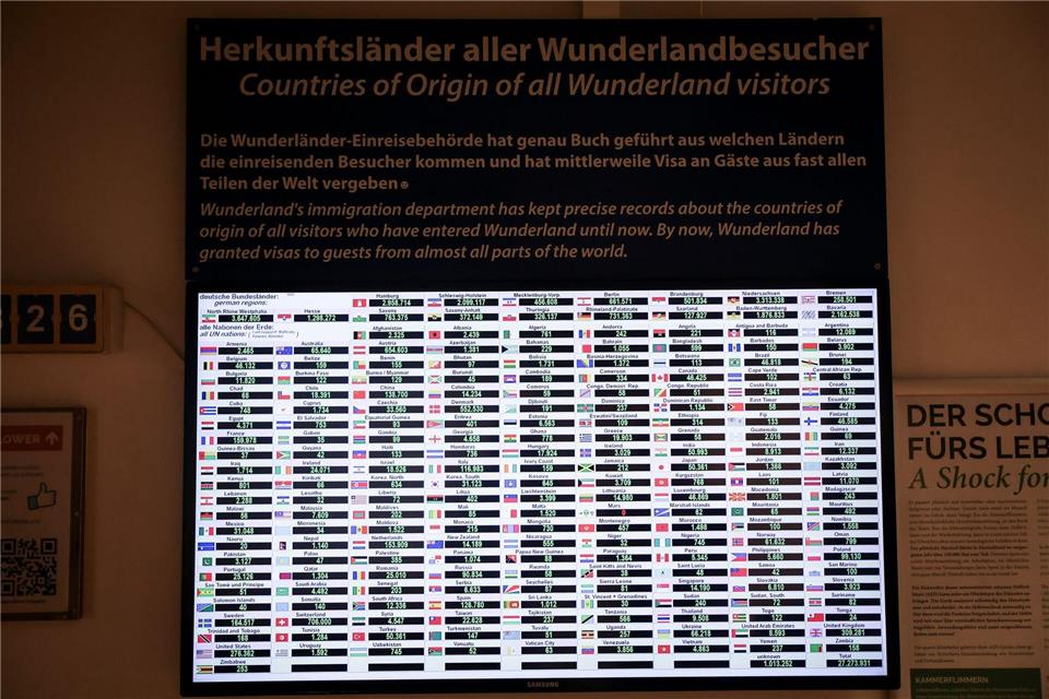 Auf einer Tafel werden die Herkunftsländer der bisherigen Gäste gezeigt. Christian Charisius/dpa