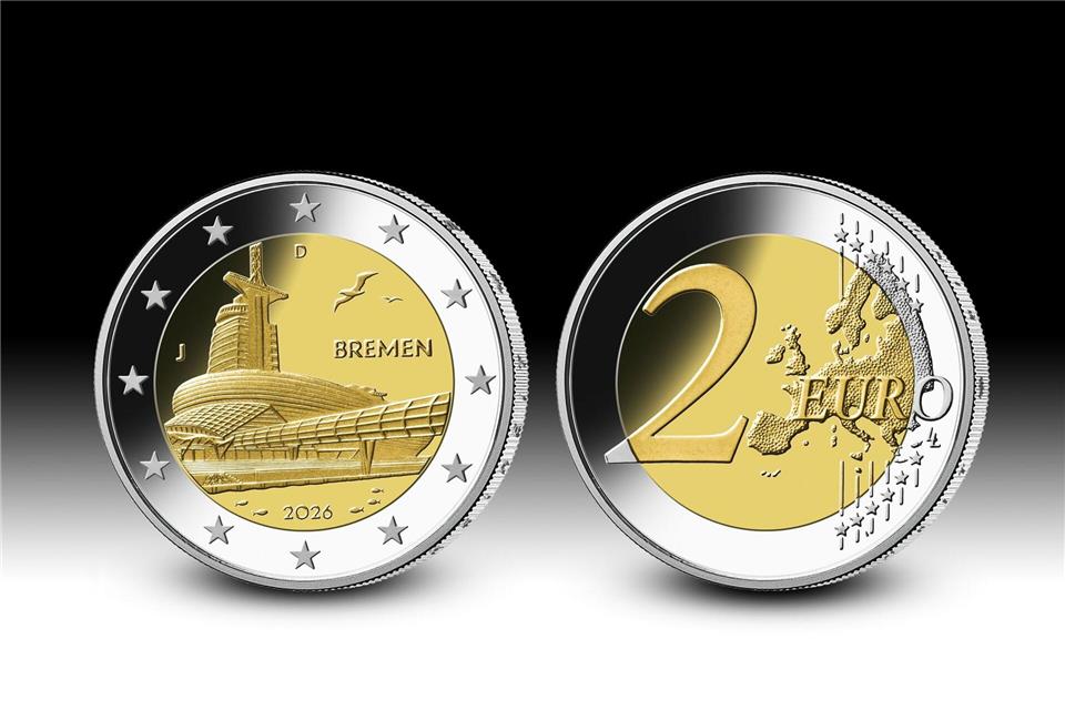 Auf einer neuen Zwei-Euro-Gedenkmünze ist das Klimahaus Bremerhaven zu sehen. (Handout)Hans-Jürgen Fuchs/Deutsche Bundesbank/dpa