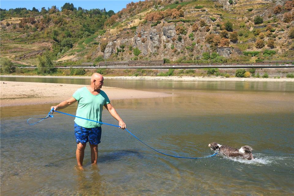 Ausflügler Thorsten Witte geht mit seinem Hund Bamboo an der Kiesbank Jungferngrund spazieren. Normalerweise überflutet sie der Rhein. (Archivbild)Thomas Frey/dpa