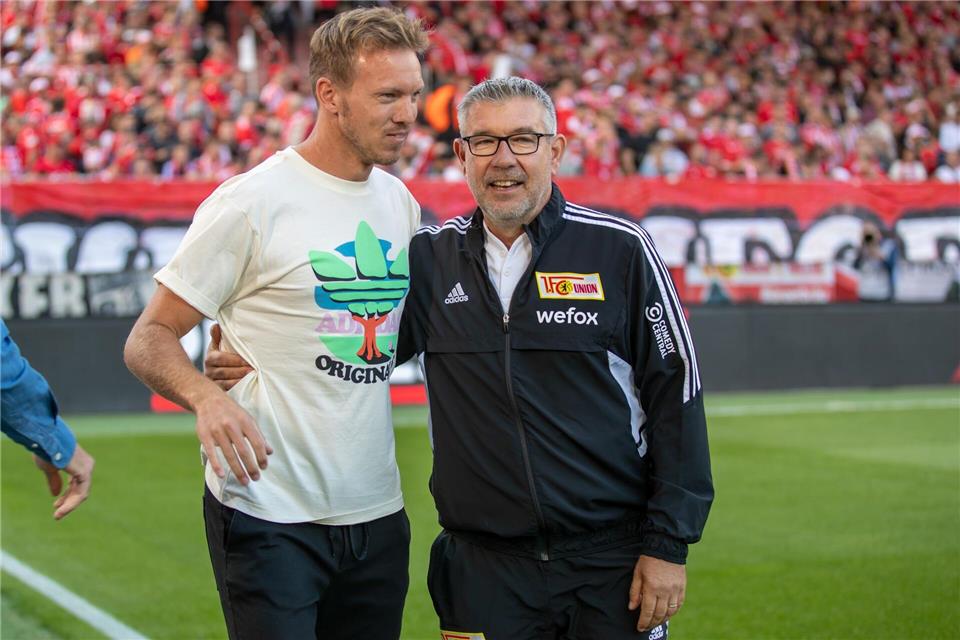Begegneten sich in der Bundesliga: der heutige Bundestrainer und frühere Bayern-Coach Julian Nagelsmann und Fischer, damals noch als Trainer des 1. FC Union. (Archivbild)Andreas Gora/dpa