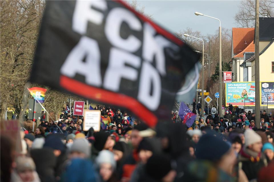Bei den Protesten gegen den AfD-Parteitag in Riesa war die Stimmung zeitweilig aufgeheizt, vielerorts standen sich Demonstranten und Polizei gegenüber, es gab teilweise Auseinandersetzungen.Jan Woitas/dpa