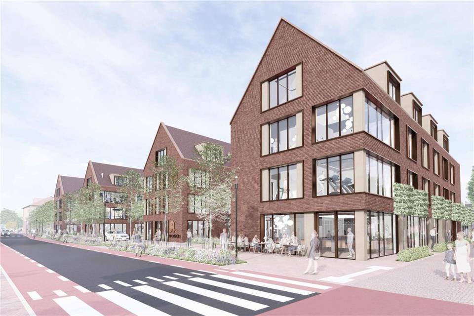 Bei den vier Giebeln an der Brinkstraße bleibt es in dem überarbeiteten Konzept für den „Brinkerhof“. Die Brinkstraße soll in eine „unechte Einbahnstraße“ verwandelt werden.