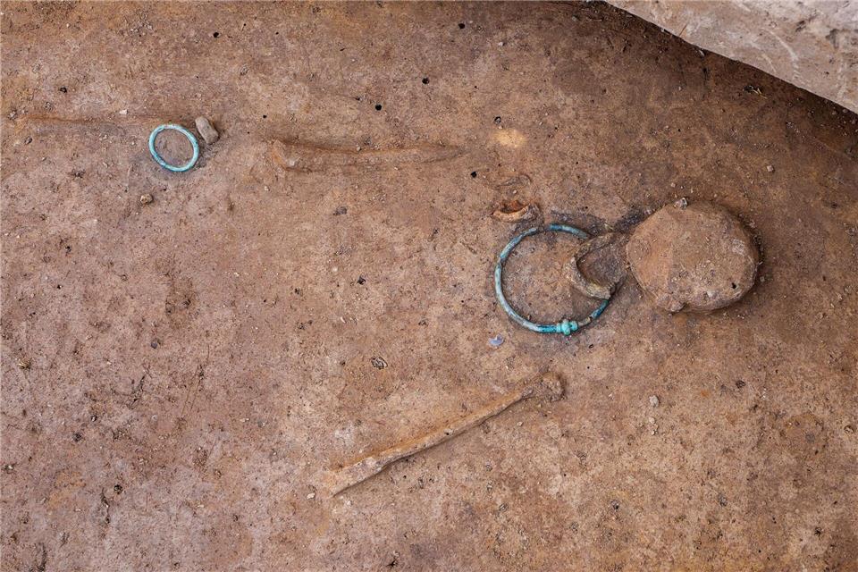 Bei der archäologischen Ausgrabung wurden neben Teilen menschlicher Skelette auch kostbarer Schmuck wie Hals- und Armreifen freigelegt.  Andreas Arnold/dpa