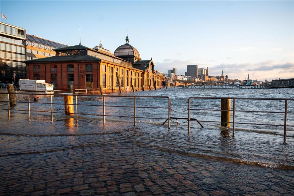 Bei etwas mehr als 1,5 Metern über dem normalen Hochwasser schwappte die Elbe über die Uferkante.Jonas Walzberg/dpa