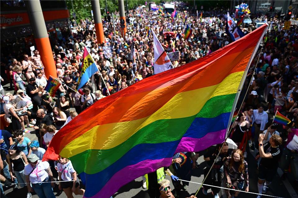 Beim CSD sind Regenbogenflagggen zu sehen.Fabian Sommer/dpa