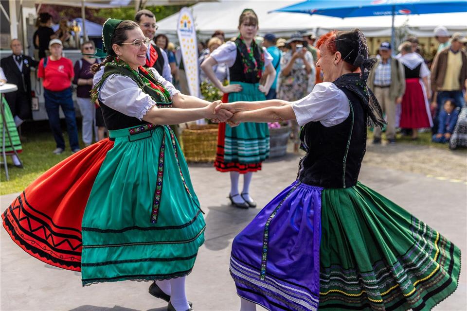 Beim Deutschen Trachtentag in Lübbenau zeigen sich viele Menschen in traditioneller Kleidung.Frank Hammerschmidt/dpa