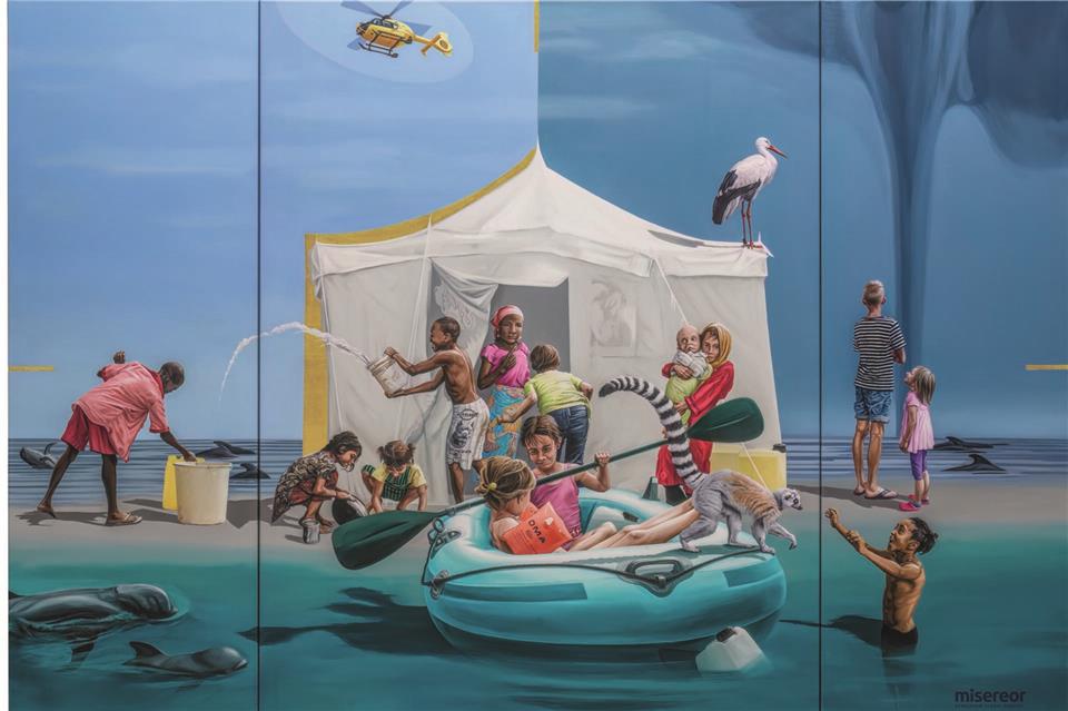 Beispiel eines Hungertuchs mit dem Titel „Gemeinsam träumen - Liebe sei“, erstellt von der Erfurter Künstlerin Konstanze Trommer.