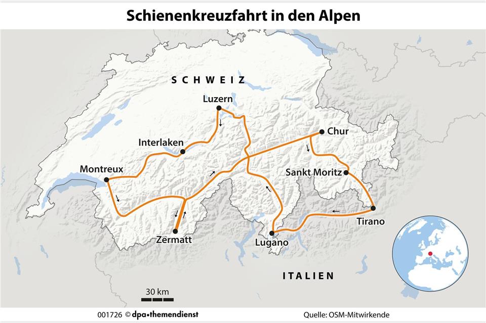 Berge, Seen, Städte: Auf der Grand Train Tour erlebt man Typisches der Schweiz vom Gleis aus.dpa-infografik/dpa-tmn