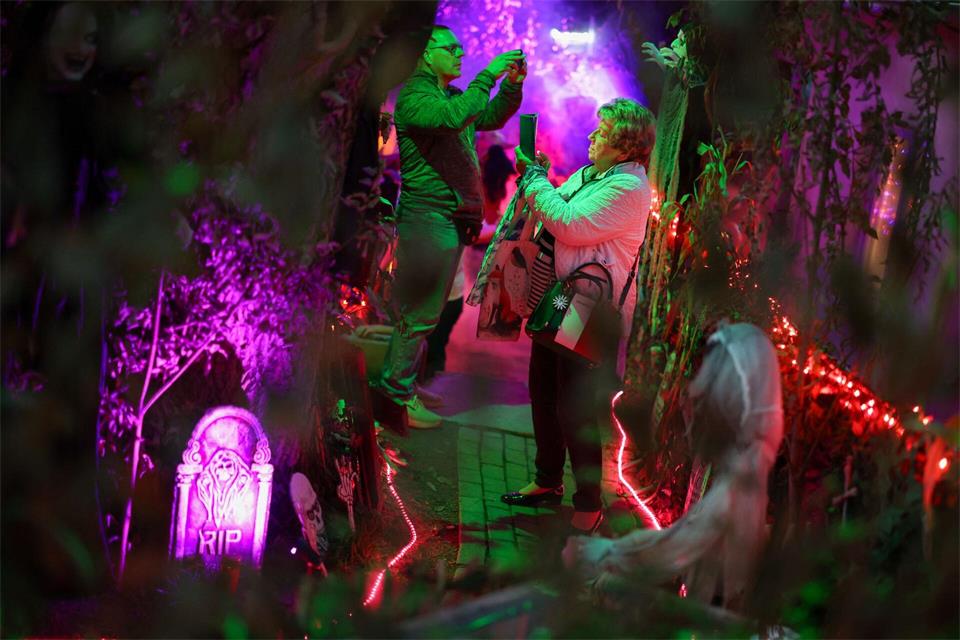 Besucher des „Halloween-Hauses“ gehen bei der Eröffnung durch den beleuchteten Garten und machen Fotos. (Archivbild)Christoph Reichwein/dpa