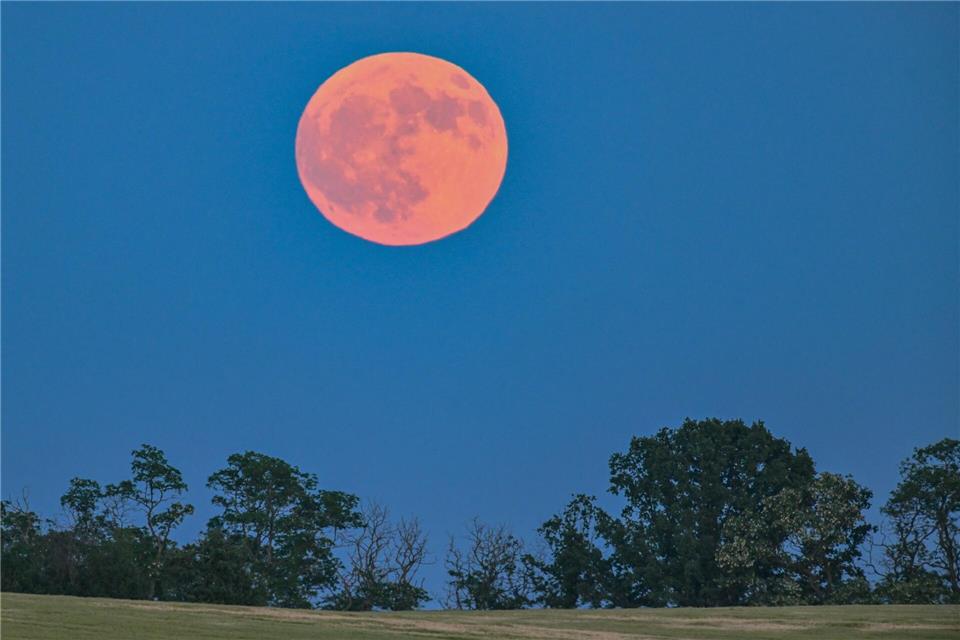 Blassroter Mond am Abendhimmel. (Archivbild)Patrick Pleul/dpa