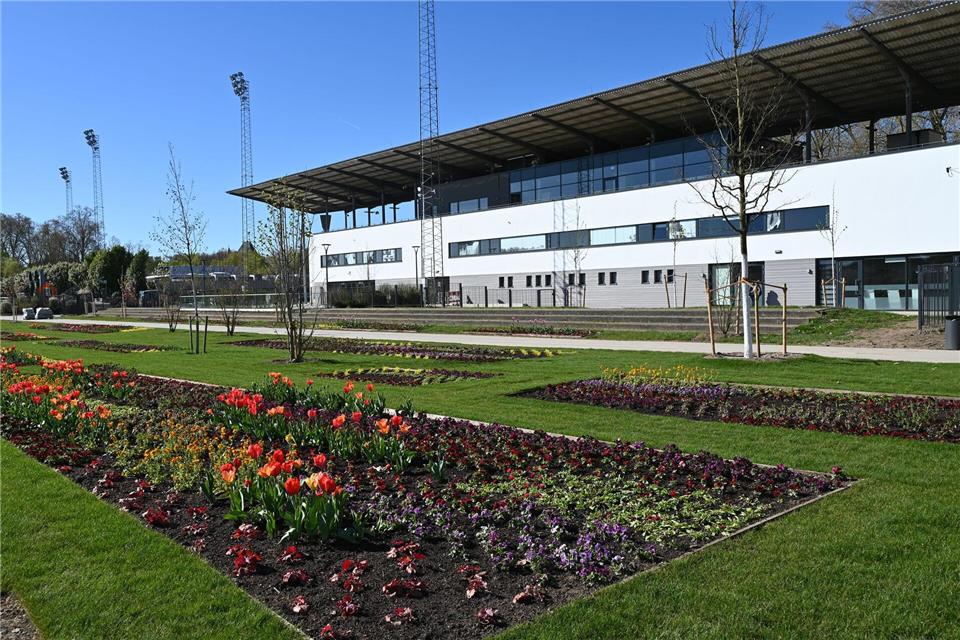 Blumenbeete auf dem Gelände der Landesgartenschau. Im Hintergrund stehen das ehemalige Tribünengebäude und Masten der Flutlichtanlage, die an die ehemalige Pferderennbahn erinnern. Volker Danisch, dpa