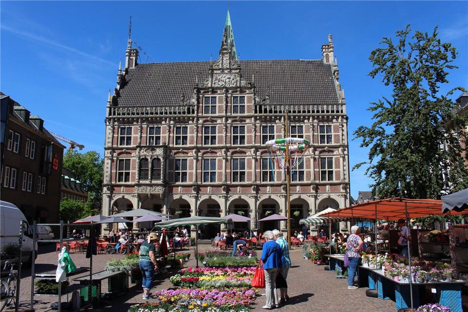Blumenmverkäufer haben vor dem historischen Rathaus ihre Stände aufgebaut. Es ist eine von mehreren Ausweichspielstätten während der Bauarbeiten am städtischen Bühnenhaus. (Archivbild)Volker Danisch, dpa