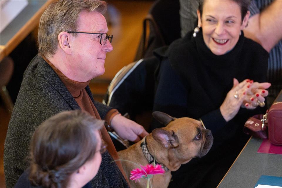 Bodo Ramelow, sein Frau Germana Alberti vom Hofe und Hündin Lilo. (Archivbild)Michael Reichel/dpa