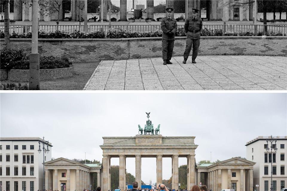 Brandenburger Tor: Wo Wochen vor dem „Fall“ der Berliner Mauer im November 1989 noch Grenzer das „Bollwerk des Ostens“ bewachten, herrscht 35 Jahre nach dem Mauerfall wieder reges Treiben auf dem neu bebauten Platz.Sebastian Gollnow/Horst Sturm/dpa