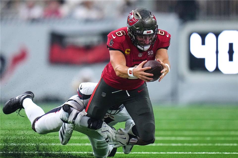 Johnsons spektakuläre Aktion verpufft: NFL-Pleite für Texans Bucs-Quarterback Baker Mayfield fühte sein Team zu einem späten Touchdown und dem zweiten SIeg im zweiten Spiel.Eric Gay/AP/dpa
