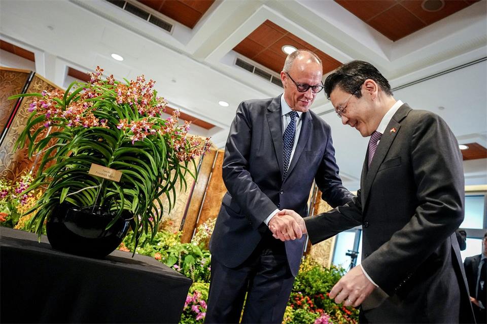 Bundeskanzler Friedrich Merz (CDU) steht neben einer Orchidee „Vanda - Friedrich Merz“ bei seinem Treffen mit Lawrence Wong, Premierminister der Republik Singapur.Kay Nietfeld/dpa