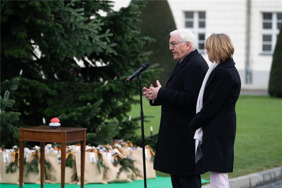 Bundespräsident Frank-Walter Steinmeier (l) und seine Frau Elke Büdenbender schalten die Beleuchtung des Weihnachtsbaums vor dem Schloss Bellevue ein. Markus Lenhardt/dpa