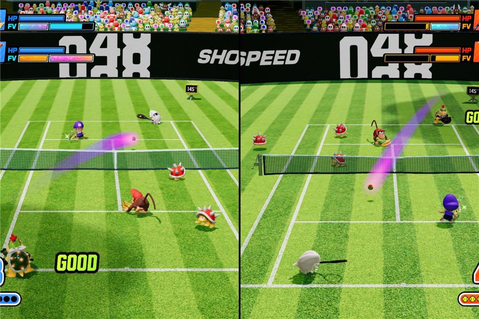 Buntes, gemischtes Doppel mit Mario und seinen Freunden auf dem Court.Nintendo/dpa-tmn