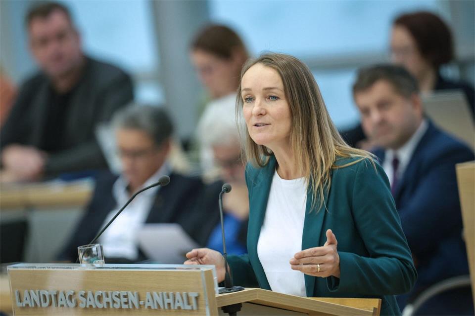 Claudia Wittig, stellvertretende BSW-Fraktionsvorsitzende im Landtag, spricht während der Sondersitzung.Ronny Hartmann/dpa