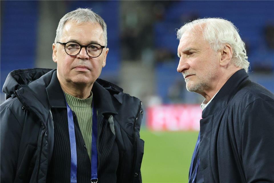 DFB-Geschäftsführer Andreas Rettig (links) und Sportdirektor Rudi Völler (Archivbild).Christian Charisius/dpa