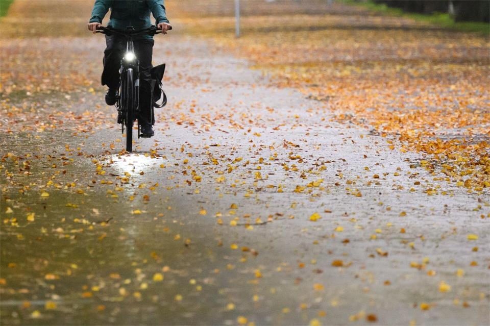 Damit die Radtour nicht zur Rutschpartie wird, sollte man bei Nässe und Laub langsam und defensiv fahren.Julian Stratenschulte/dpa