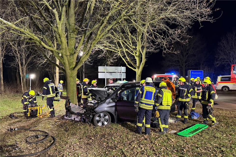 Das Auto war auf dem Rastplatz Walchum in einen Baum gerast. Matthias Brüning/dpa