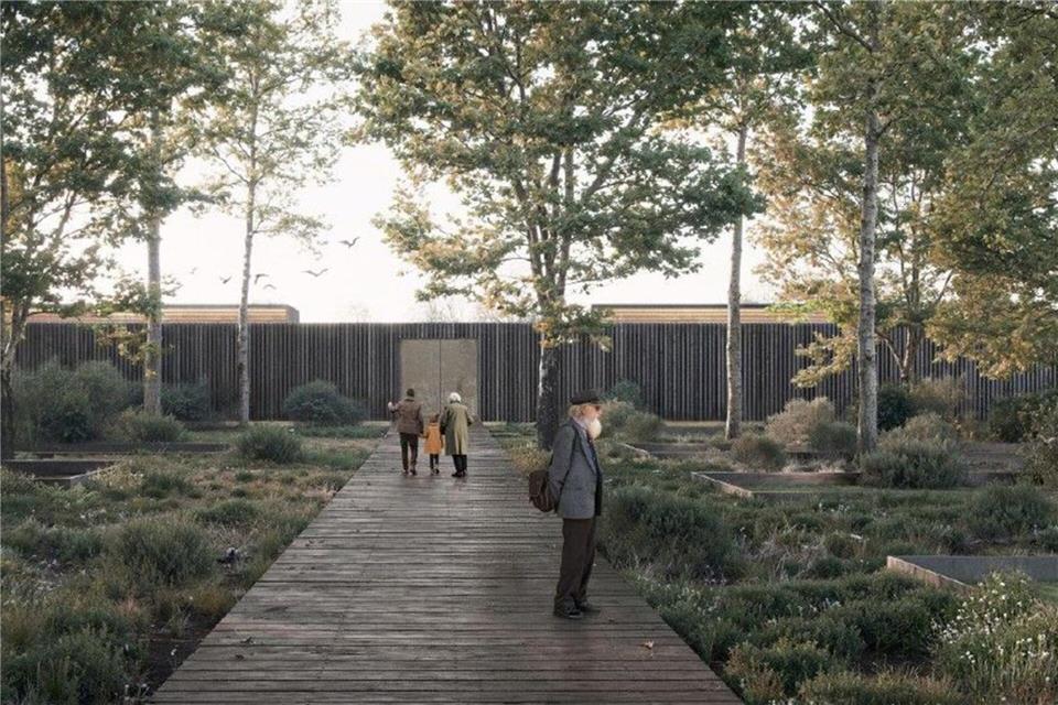 Das Bild zeigt den Entwurf für den Neubau des Eingangsgebäudes einer Gedenkstätte für das Kriegsgefangenenlager Stalag 326.-/LWL/Atelier Brückner/dpa