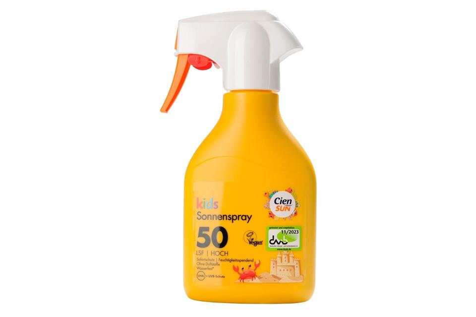 Das „Cien Sun Kids Sonnenspray“ von Lidl ist mit der Note 1,7 einer der beiden Testsieger.Ralph Kaiser/Stiftung Warentest/dpa-tmn