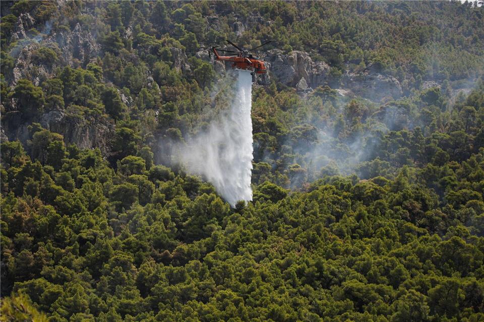 Das Feuer brach am Donnerstagnachmittag nahe dem Ferienort Siviri auf der Halbinsel Kassandra aus.Socrates Baltagiannis/dpa