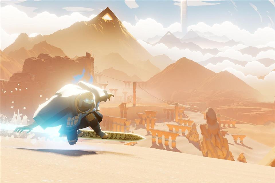 „Sword of the Sea“: Mit dem Surfschwert durch die Wüste Das „Hoversword“ ist eine Mischung aus Snowboard, Skateboard und Surfboard.Giant Squid Studios/dpa-tmn