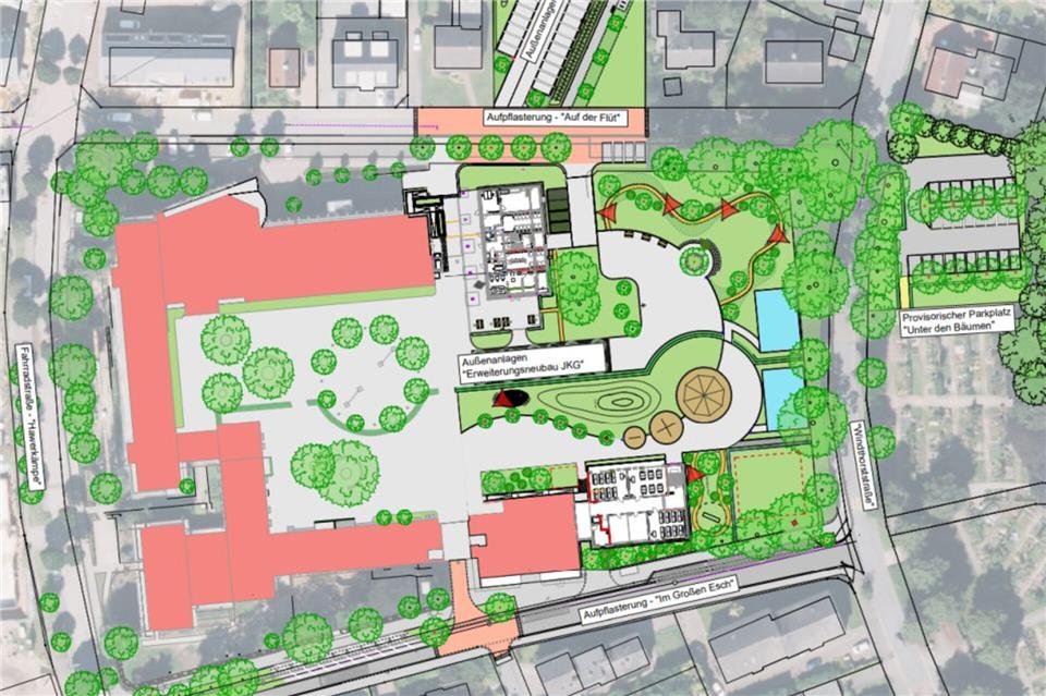 Das Konzept für den Schulhof sieht viele Grünzonen und Spielgelegenheiten vor. Oben rechts ist der zusätzliche Parkplatz zu erkennen.