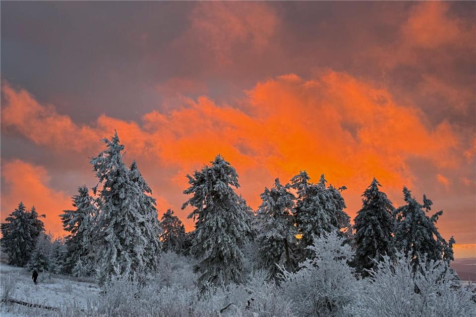 Das Licht der untergehenden Sonne beleuchtet die Wolken, die hinter den schneebedeckten Bäumen auf dem Feldbergplateau untergeht.Boris Roessler/dpa