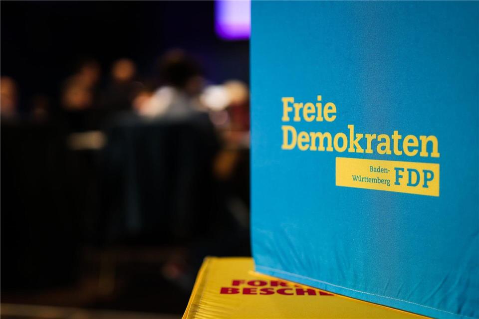 Das Logo der FDP Baden-Württemberg ist während des Landeshauptausschusses der FDP Baden-Württemberg auf einem Sitzwürfel zu sehen.Christoph Schmidt/dpa