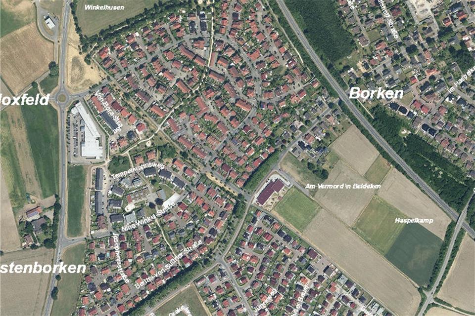 Das Luftbild zeigt den Borkener Westen im Jahr 2015. 1954 war diese Gegend noch absolut unbebaut,